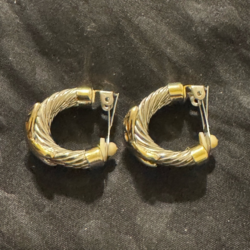 Gold and Silver Twisted Hoop Clip On Earrings - Picture 4 of 8